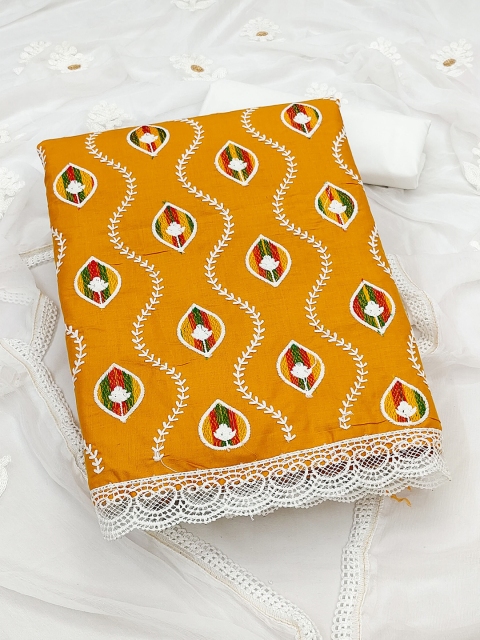 

KALINI Women Yellow & White Embroidered Pure Cotton Unstitched Dress Material