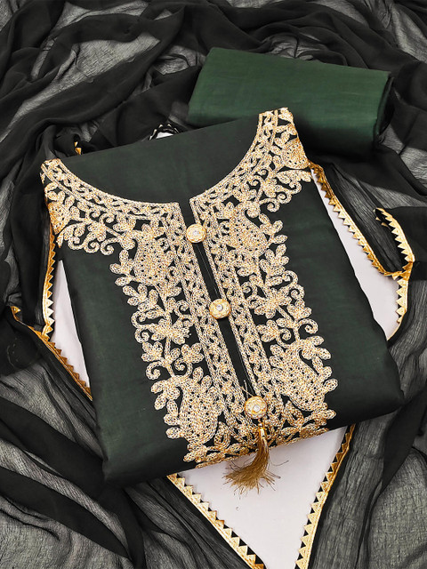 

KALINI Women Green & White Embroidered Pure Cotton Unstitched Dress Material