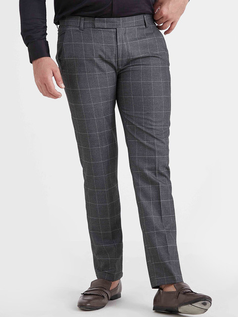 

MR BUTTON Men Grey Checked Slim Fit Trousers