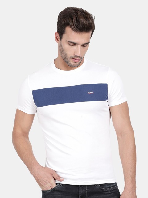 

t-base Men White & Blue Slim Fit Cotton T-shirt
