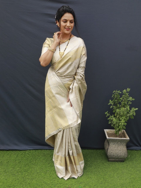 

Anaita Cream-Coloured & Gold-Toned Woven Design Zari Pure Silk Banarasi Saree