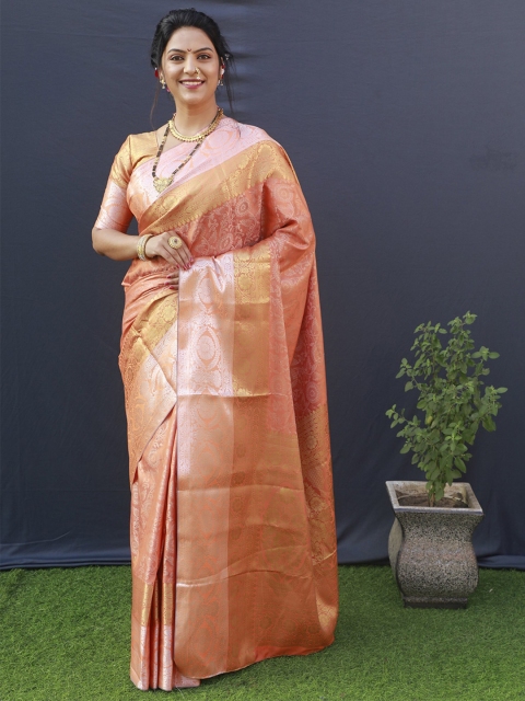 

Anaita Peach-Coloured & Silver-Toned Floral Zari Pure Silk Banarasi Saree