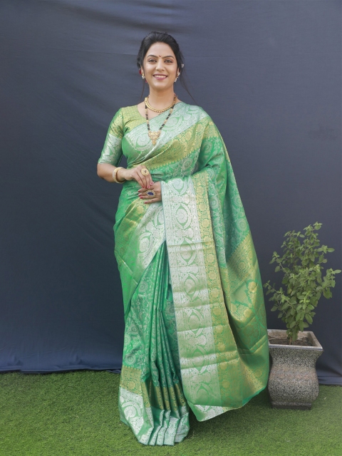 

Anaita Green & Gold-Toned Woven Design Zari Pure Silk Banarasi Saree
