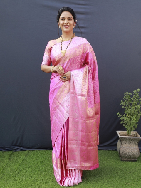 

Anaita Pink & Silver-Toned Ethnic Motifs Zari Pure Silk Banarasi Saree