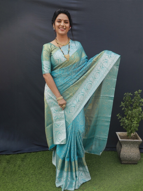 

Anaita Turquoise Blue & Gold-Toned Woven Design Zari Pure Silk Banarasi Saree