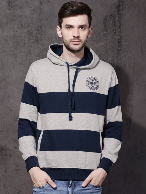 

Roadster Men Grey Melange & Navy Blue Striped Hooded Sweatshirt