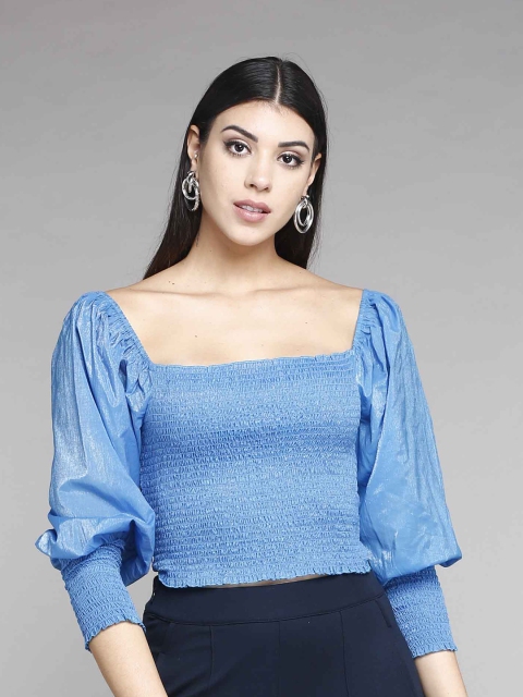 

MKOAL Blue Solid Smocking Crop Top