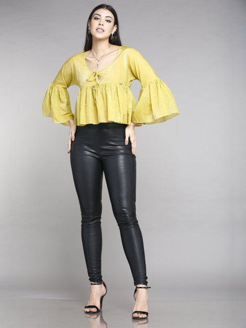 

MKOAL Women Yellow Tie-Up Neck Ruffles Top