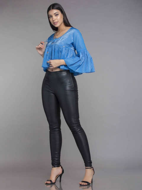 

MKOAL Blue Tie-Up Neck Ruffles Boxy Crop Top
