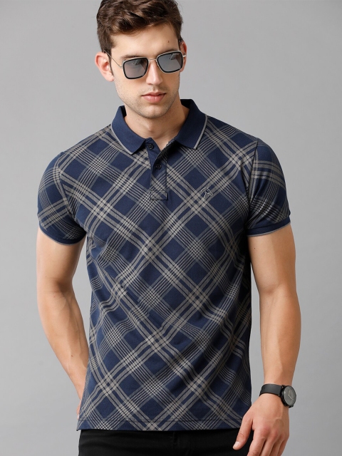 

CP BRO Men Blue & Beige Checked Polo Collar Slim Fit Cotton T-shirt