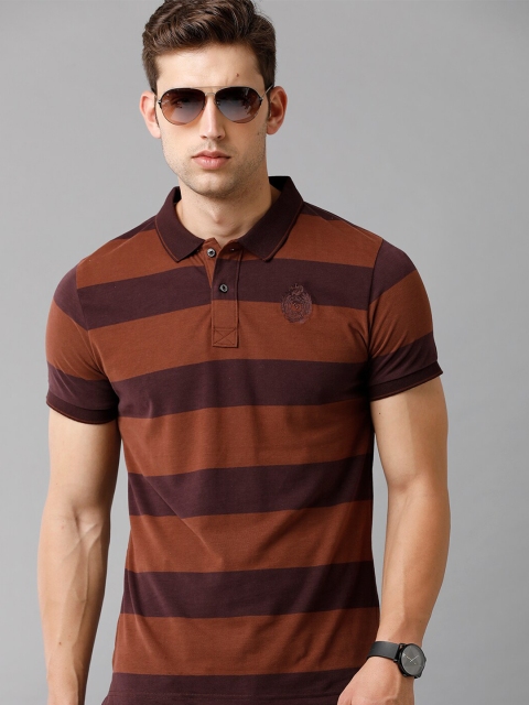 

Classic Polo Men Brown Striped Polo Collar Slim Fit Cotton T-shirt