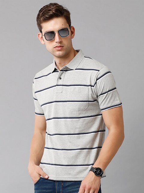 

Classic Polo Men Plus Size Grey & Blue Striped Polo Collar Cotton T-shirt