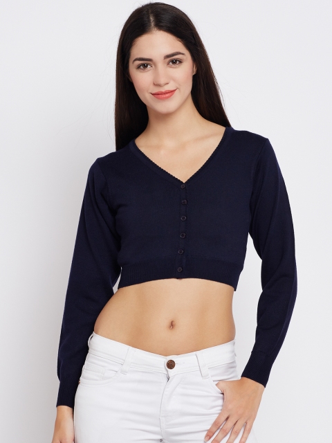 

Monte Carlo Women Navy Blue Solid Woollen Crop Cardigan