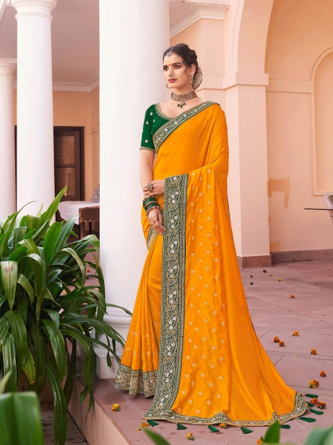 

ODETTE Mustard & Green Floral Embroidered Saree
