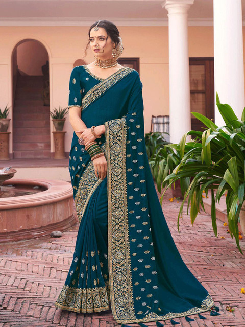 

ODETTE Teal Green Floral Embroidered Silk Blend Saree