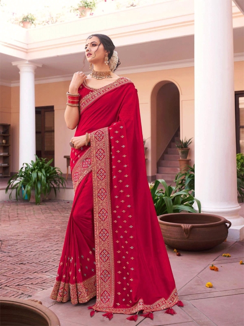 

ODETTE Red & Gold-Toned Embroidered Silk Blend Saree
