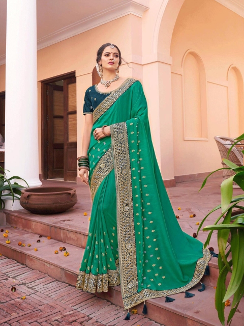 

ODETTE Sea Green & Gold-Toned Floral Embroidered Silk Blend Saree