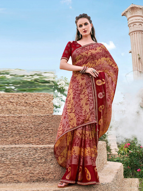 

ODETTE Maroon & Beige Floral Brasso Saree
