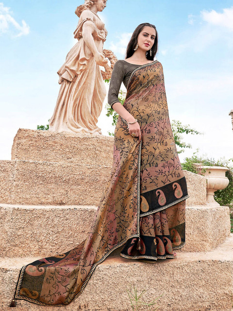 

ODETTE Beige & Black Paisley Embroidered Brasso Saree