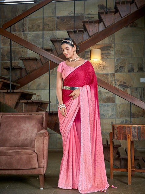 

ODETTE Pink Embellished Embroidered Silk Blend Saree