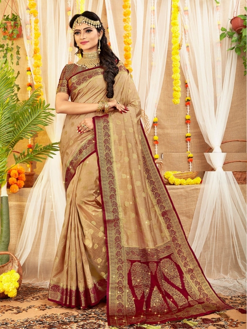 

ODETTE Beige & Brown Floral Zari Silk Blend Saree