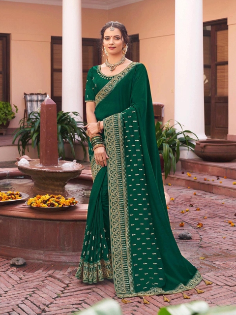 

ODETTE Green Floral Embroidered Silk Blend Saree