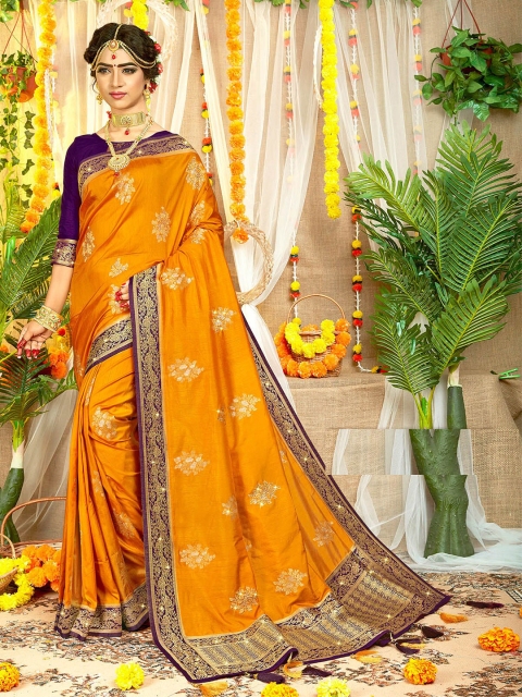 

ODETTE Orange & Gold-Toned Woven Design Zari Silk Blend Saree