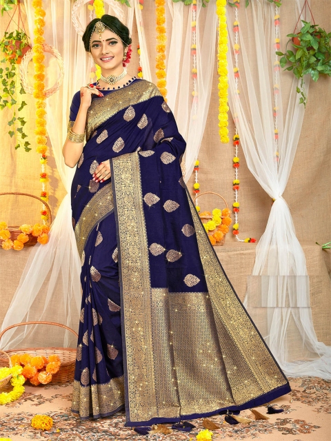 

ODETTE Blue & Gold-Toned Ethnic Motifs Zari Saree