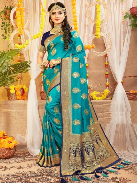 

ODETTE Blue & Gold-Toned Ethnic Motifs Zari Silk Blend Saree