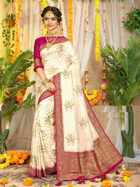 

ODETTE Off White & Pink Floral Zari Saree