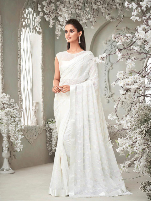 

ODETTE White Floral Embroidered Saree