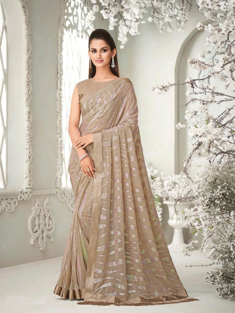 

ODETTE Beige & Silver-Toned Embellished Sequinned Saree