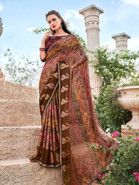 

ODETTE Maroon & Cream-Coloured Floral Brasso Saree