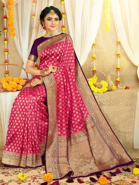

ODETTE Pink & Gold-Toned Ethnic Motifs Zari Saree
