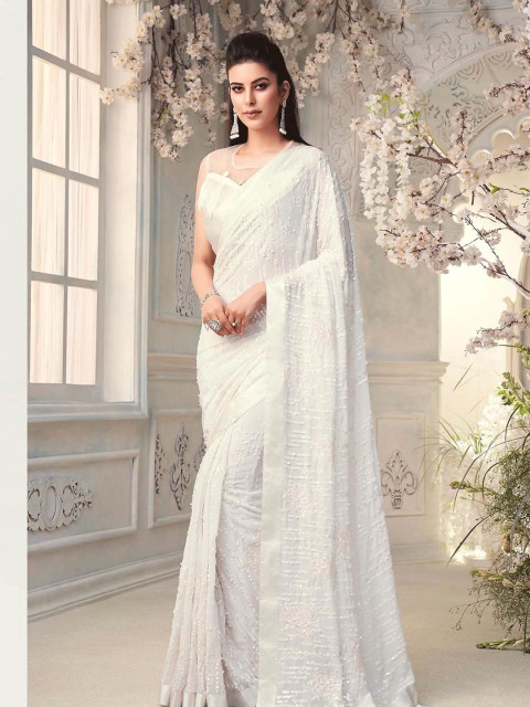 

ODETTE White Embellished Sequinned Saree