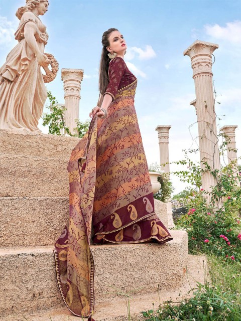 

ODETTE Maroon & Beige Paisley Brasso Saree