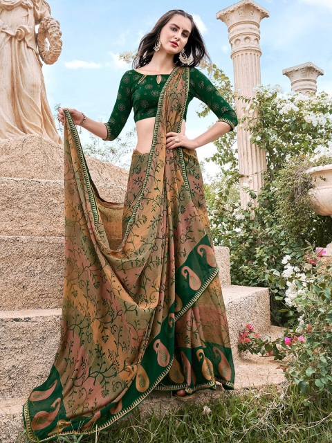 

ODETTE Green & Brown Floral Brasso Saree
