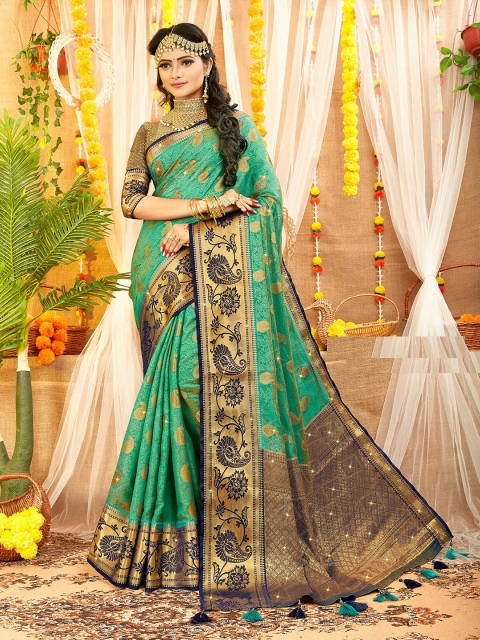 

ODETTE Green & Navy Blue Woven Design Zari Silk Blend Saree