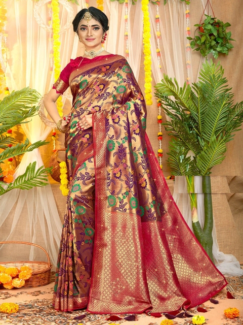 

ODETTE Red & Gold-Toned Floral Zari Brocade Saree