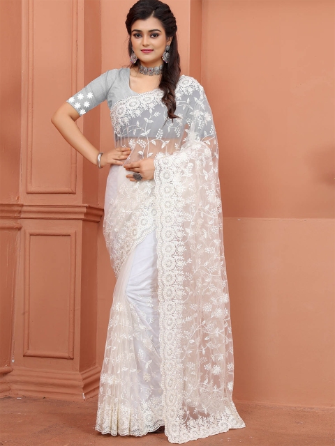 

ODETTE White Floral Embroidered Net Saree