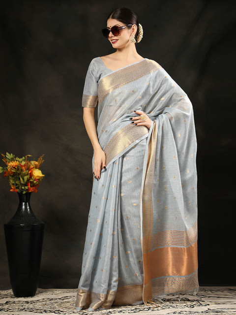 

ODETTE Grey & Gold-Toned Zari Silk Blend Saree