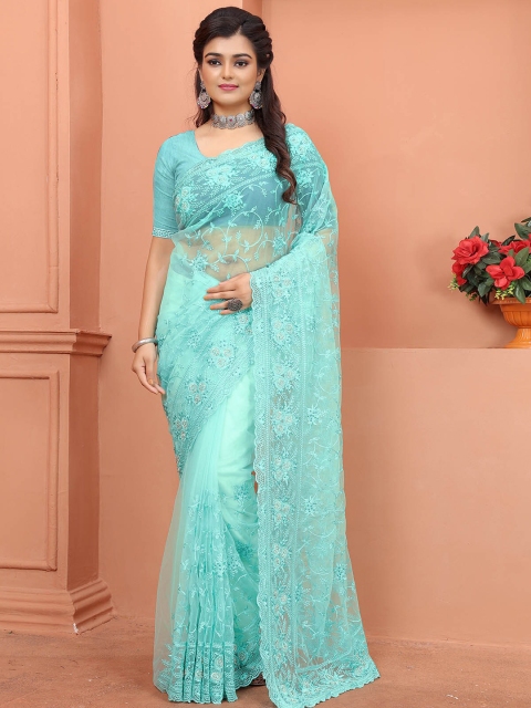 

ODETTE Blue Floral Embroidered Net Saree
