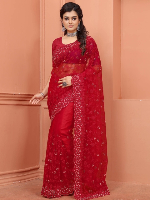 

ODETTE Red & Silver-Toned Floral Embroidered Net Saree