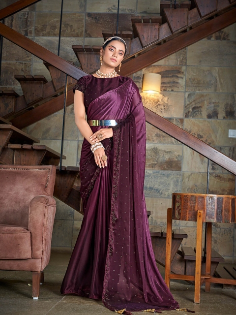 

ODETTE Purple Embellished Beads and Stones Saree