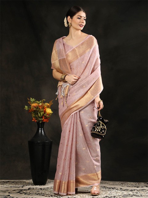 

ODETTE Pink & Gold-Toned Woven Design Zari Silk Blend Saree
