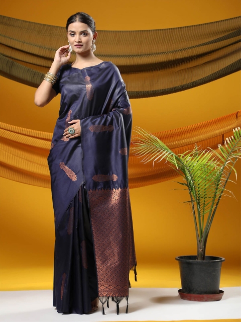 

ODETTE Blue & Gold-Toned Ethnic Motifs Zari Silk Blend Saree