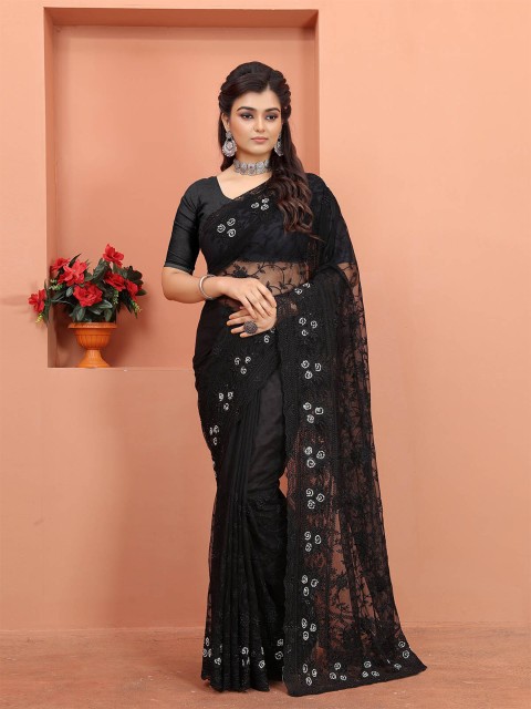 

ODETTE Black & White Floral Net Saree