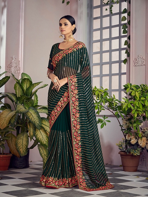 

ODETTE Green & Red Floral Embroidered Saree