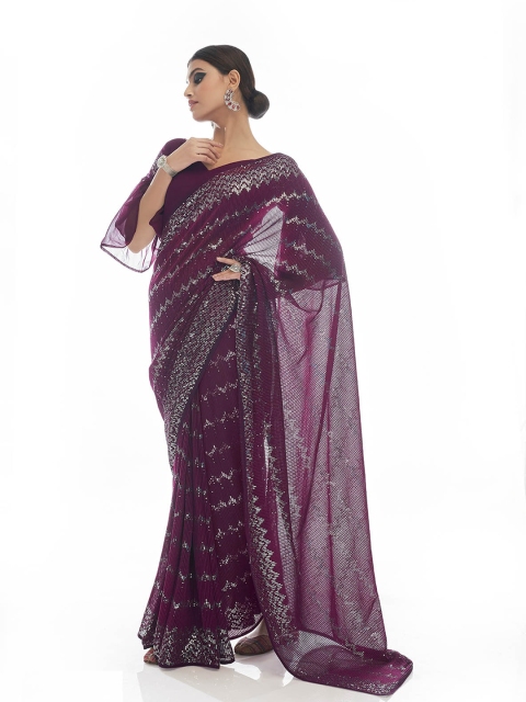 

ODETTE Purple Embellished Sequinned Saree