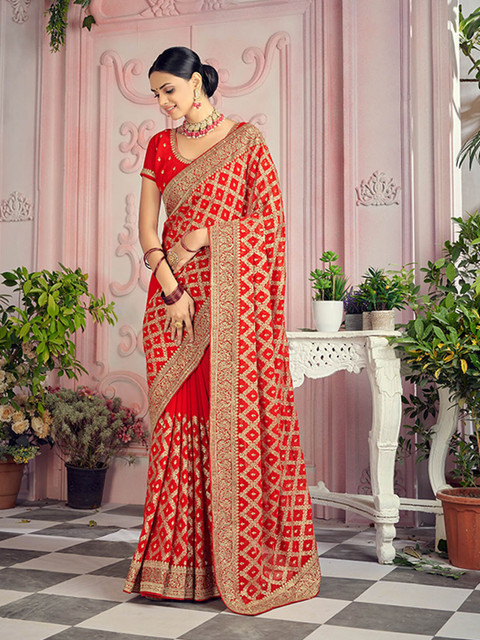 

ODETTE Red & Gold-Toned Sequinned Embroidered Georgette Saree